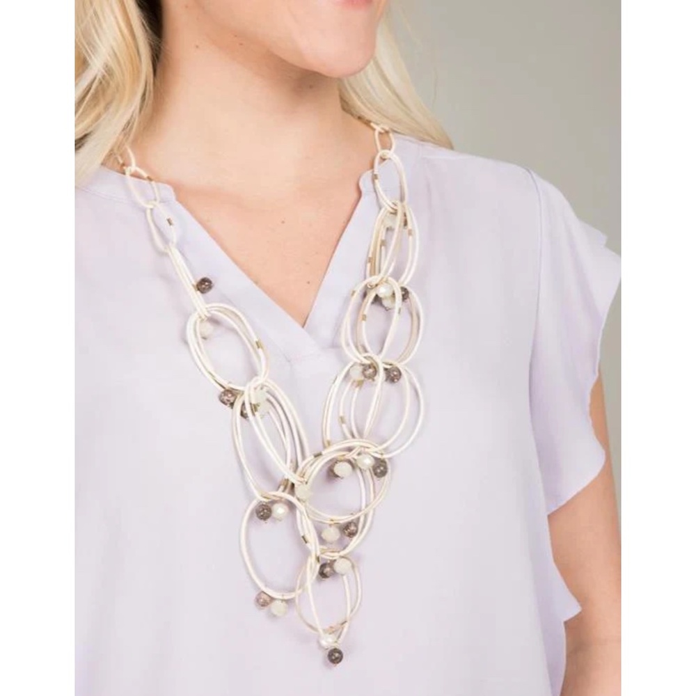 Bead Stone and Brass Ivory Hoop Drop Necklace